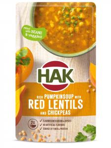 Pumpkin soup with red lentils and chickpeas